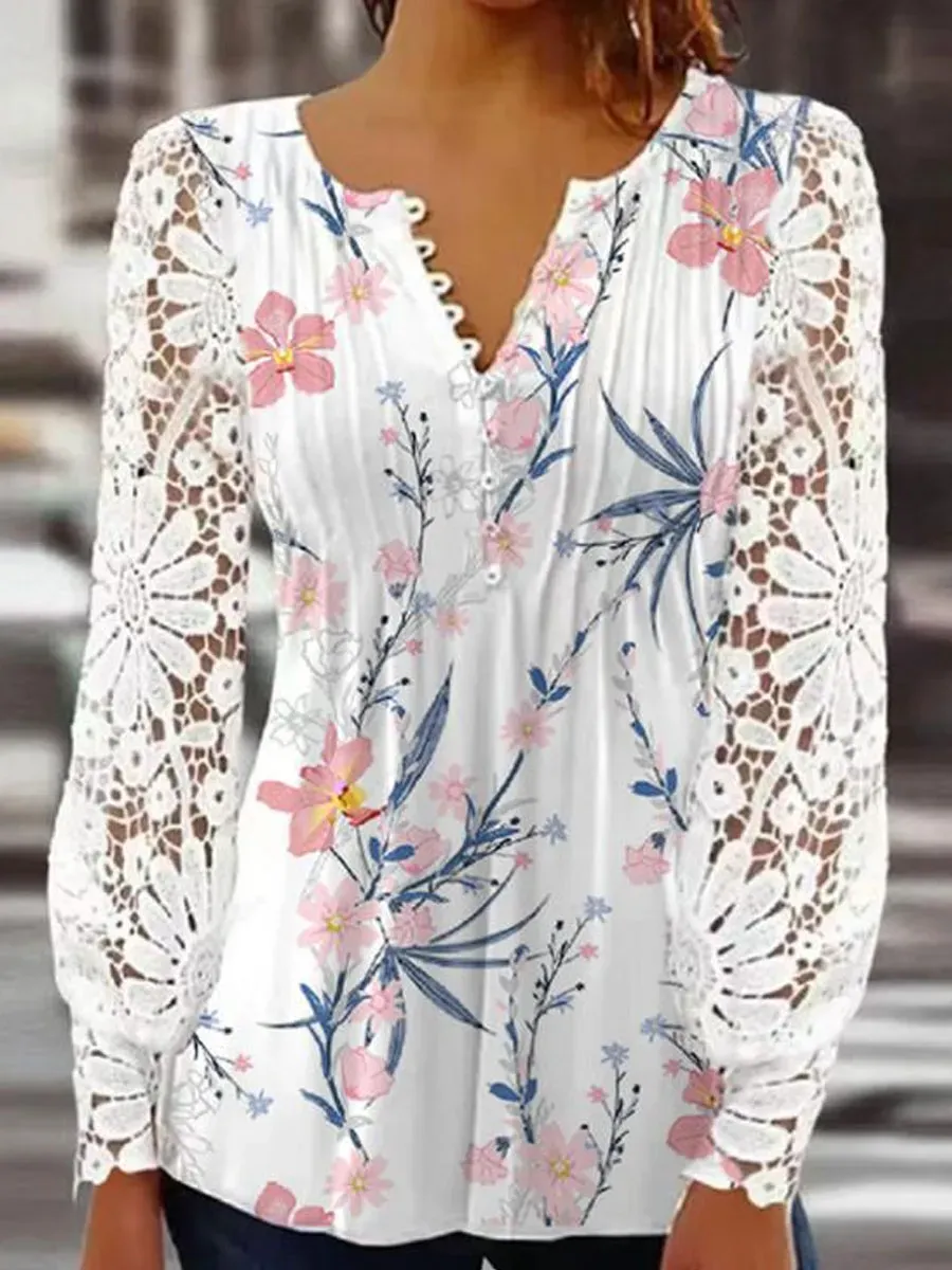 Round Neck Casual Loose Floral Print Lace Long Sleeve T-Shirt