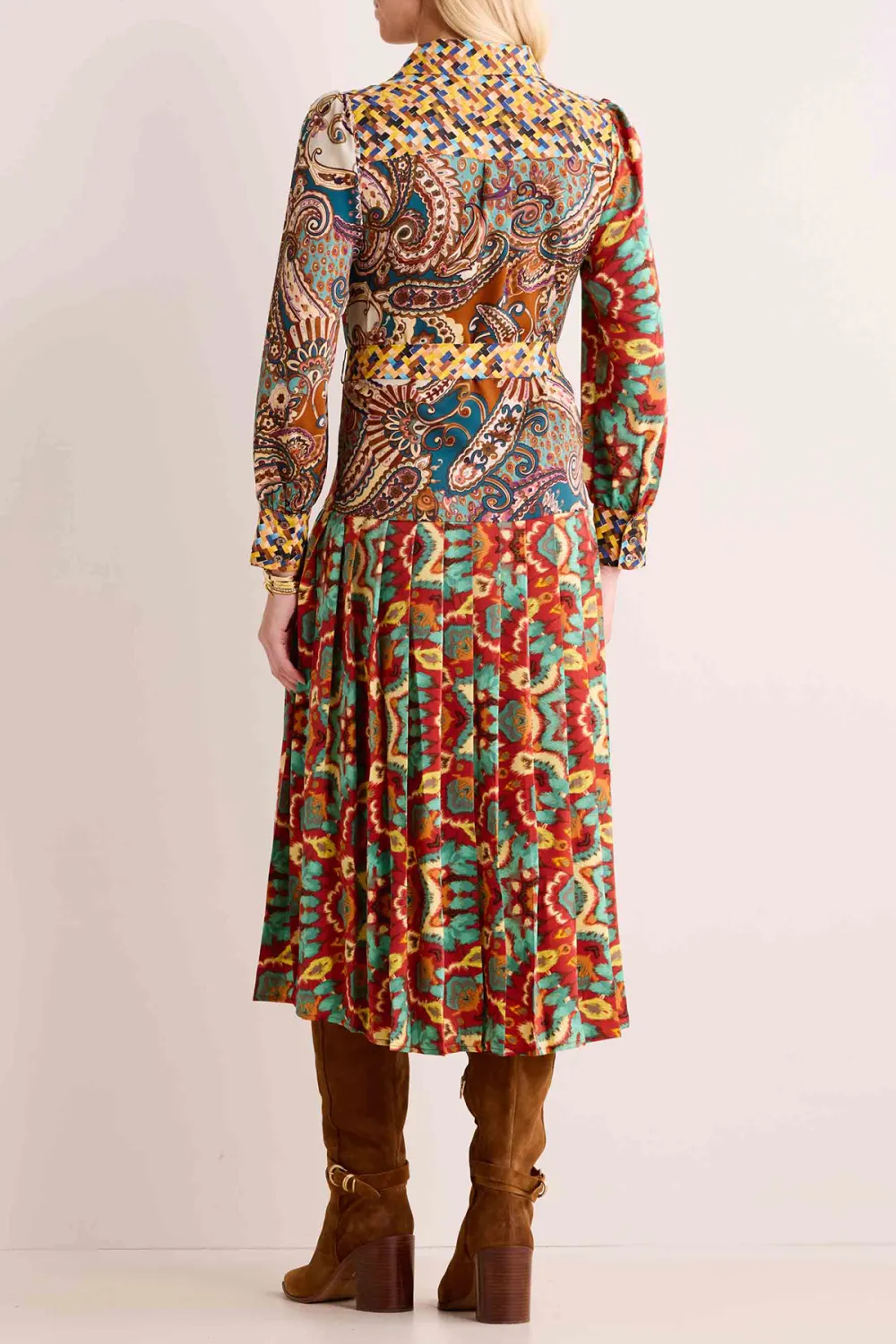 Multicolored Print Long Sleeve Flared Maxi Dress