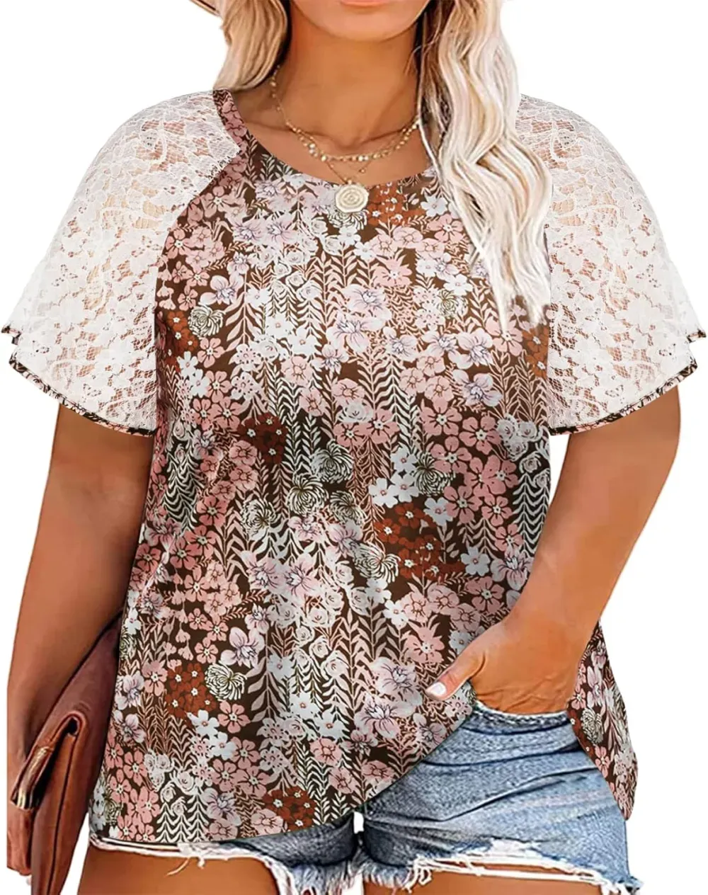 HDLTE Womens Plus Size Tops Floral Bell Sleeves Blouses Summer Crewneck Tunic Loose Casual T Shirts