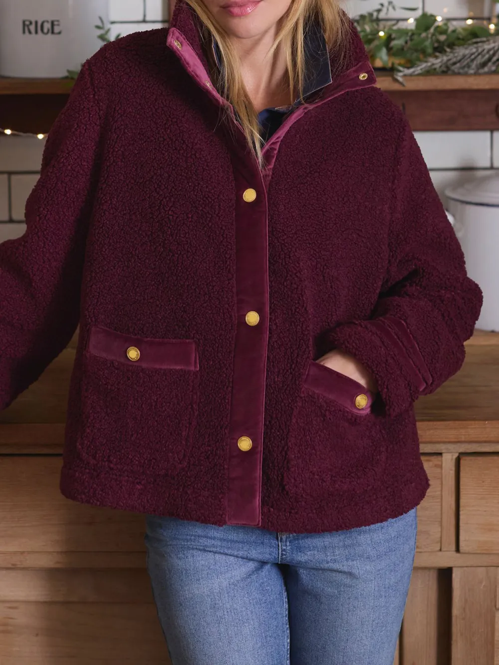 Velvet Trims Red Fleece Jacket