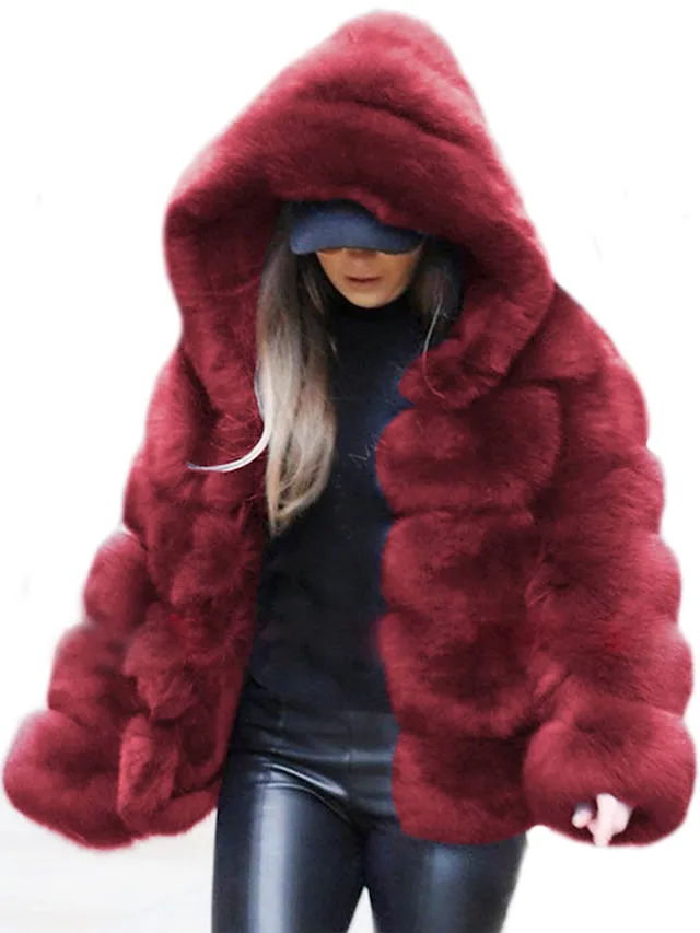 Women's Faux Fur Coat Regular Oversized Coat Sapphire Black Wine Dark Green khaki Party Party Fall Hoodie Regular Fit S M L XL XXL 3XL / Daily