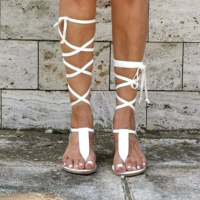 Women's Sandals Lace Up Sandals Strappy Sandals Flat Sandals Gladiator Sandals Roman Sandals Outdoor Daily Beach Summer Flat Heel Open Toe Vintage Casual Minimalism Walking Shoes PU Leather Polyester