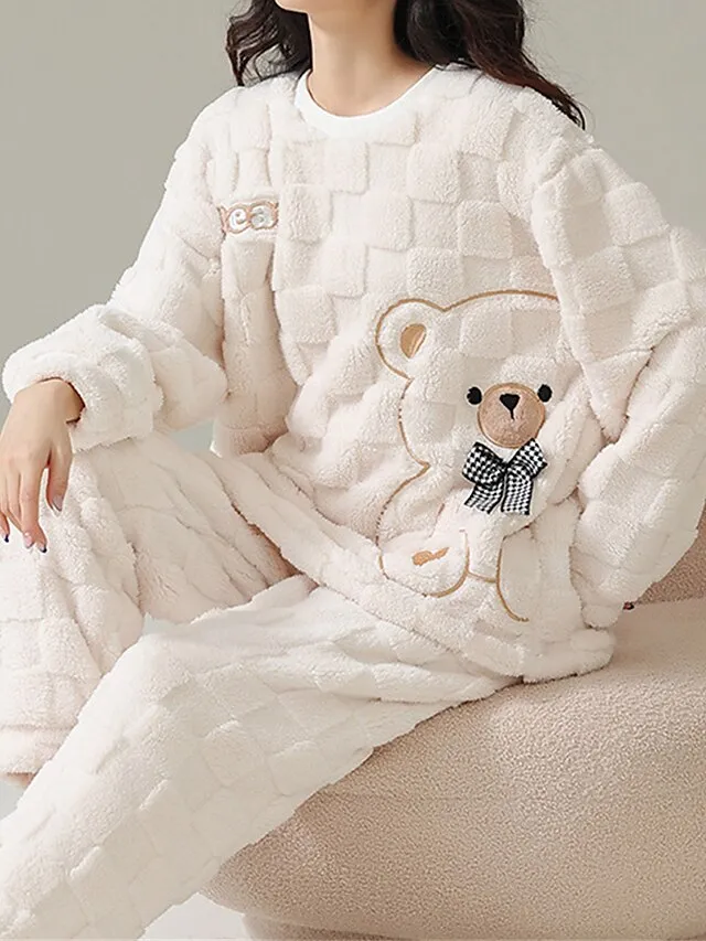 Women's Pajamas Sets Letter Bear Plush Casual Comfort Home Daily Bed Coral Fleece Coral Velvet Warm Crew Neck Long Sleeve Pullover Pant Fall Winter 3206 Pink Checkered Bear Girl 3202 Pink Checkered