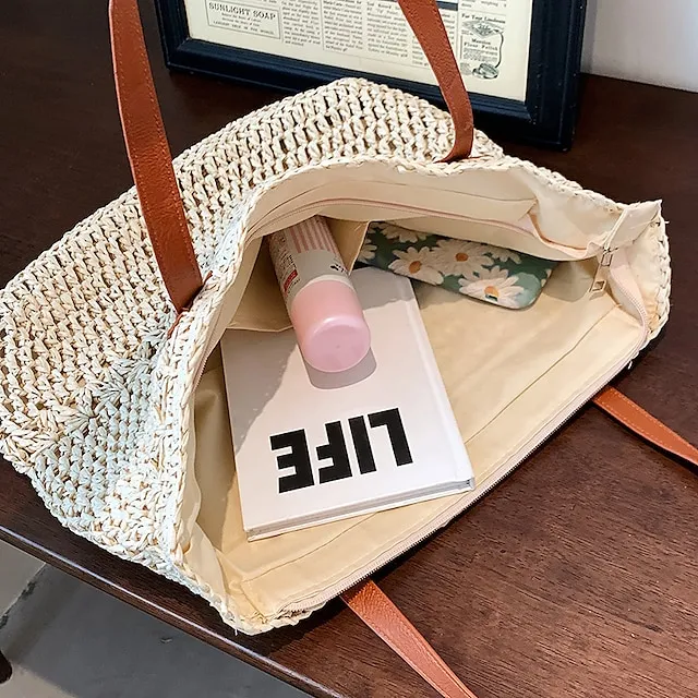 Women's Top Handle Bag Straw Bag Shoulder Bag Straw Outdoor Daily Zipper Solid Color Khaki Beige