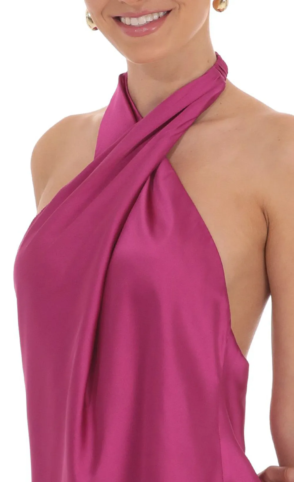 Satin Cross Halter Dress in Magenta