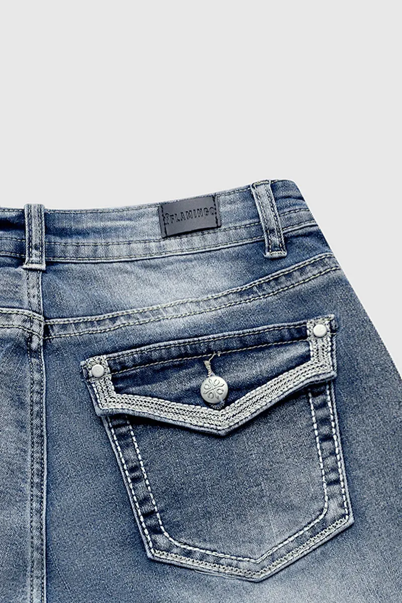 Washed Embroidery Flap Pocket Mid Waist Bootcut Jeans