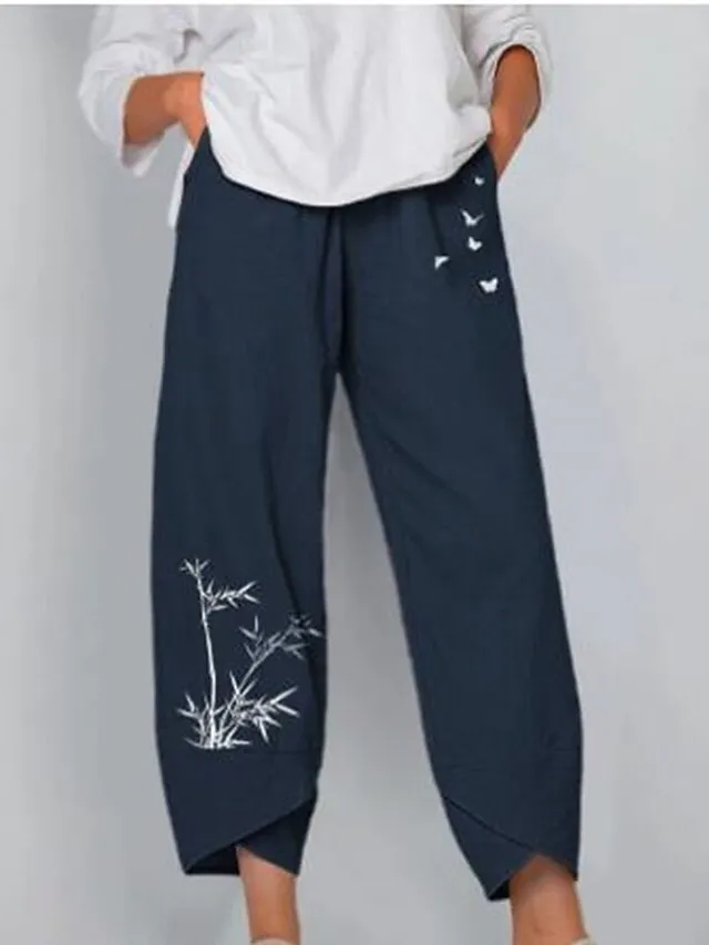 Women's Plus Size Loungewear Pants Butterfly Trees Fashion Casual Soft Home Daily Bed Cotton Breathable Long Pant Pant Summer Spring Black Blue