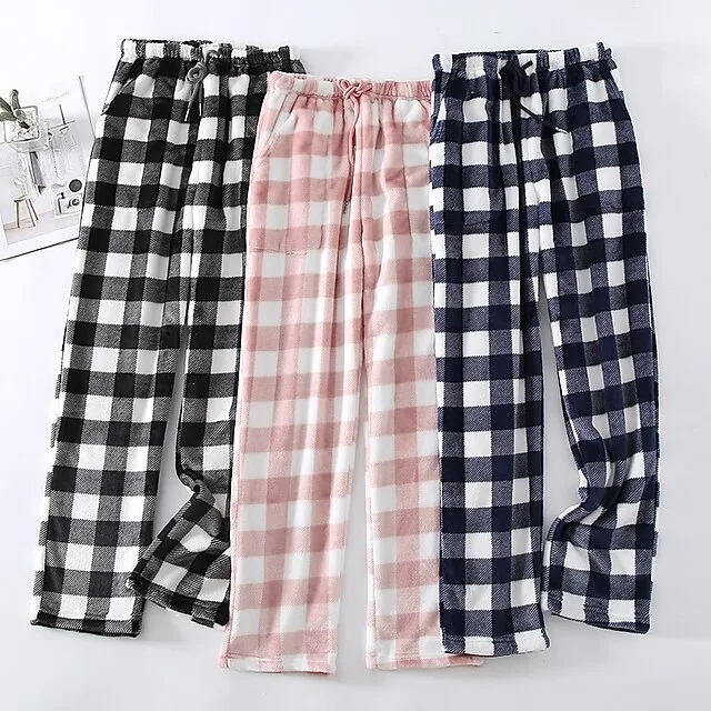 Women's Christmas Pajamas Winter Pants Nighty Pjs Grid / Plaid Fashion Simple Comfort Party Xmas Home Bed Flannel Warm Breathable Long Pant Elastic Waist Winter Fall Blue Pink / Sweet / Gift / Print