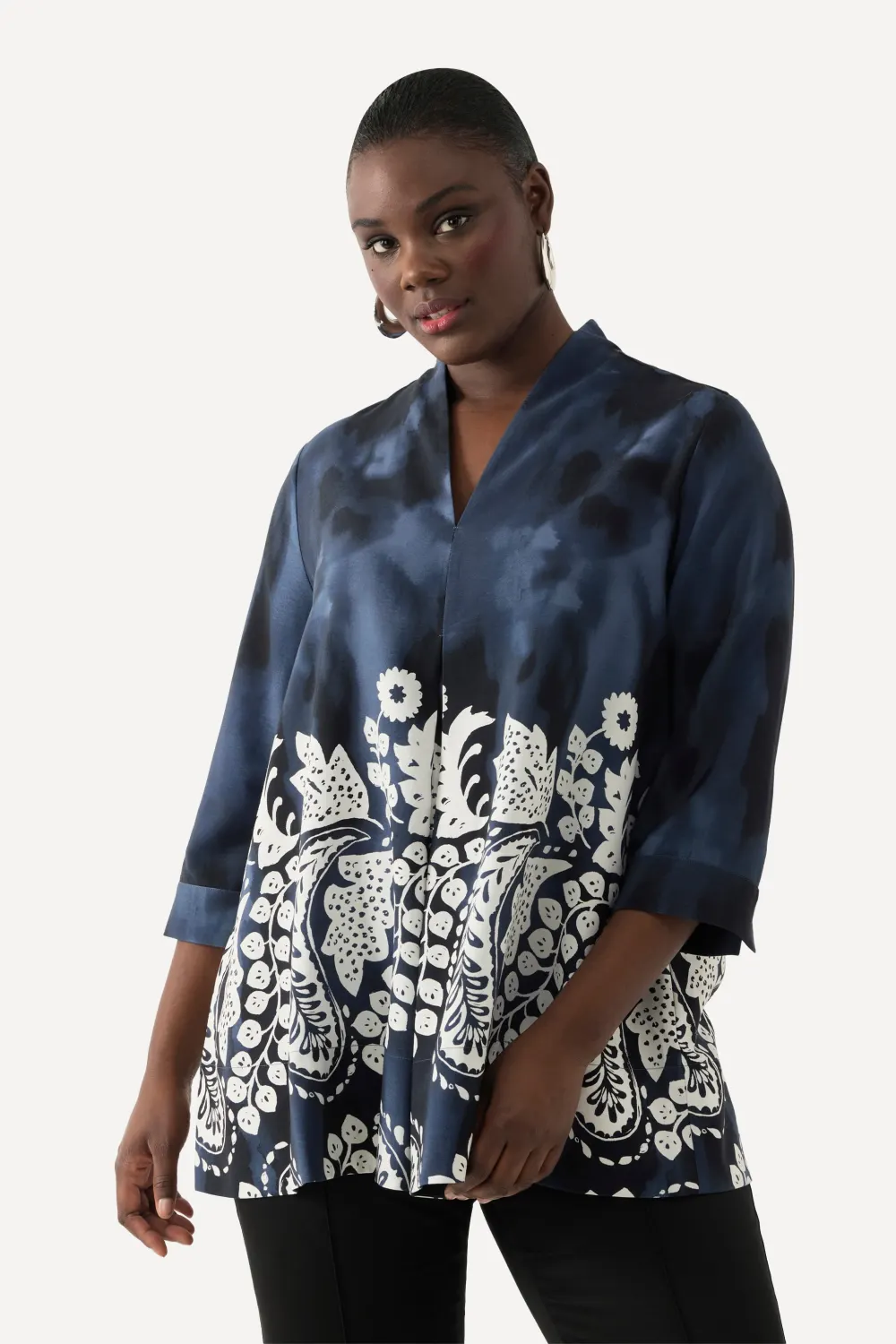 Lyocell-Tunika, A-Linie, Kelchkragen, V-Ausschnitt, 3/4-Arm