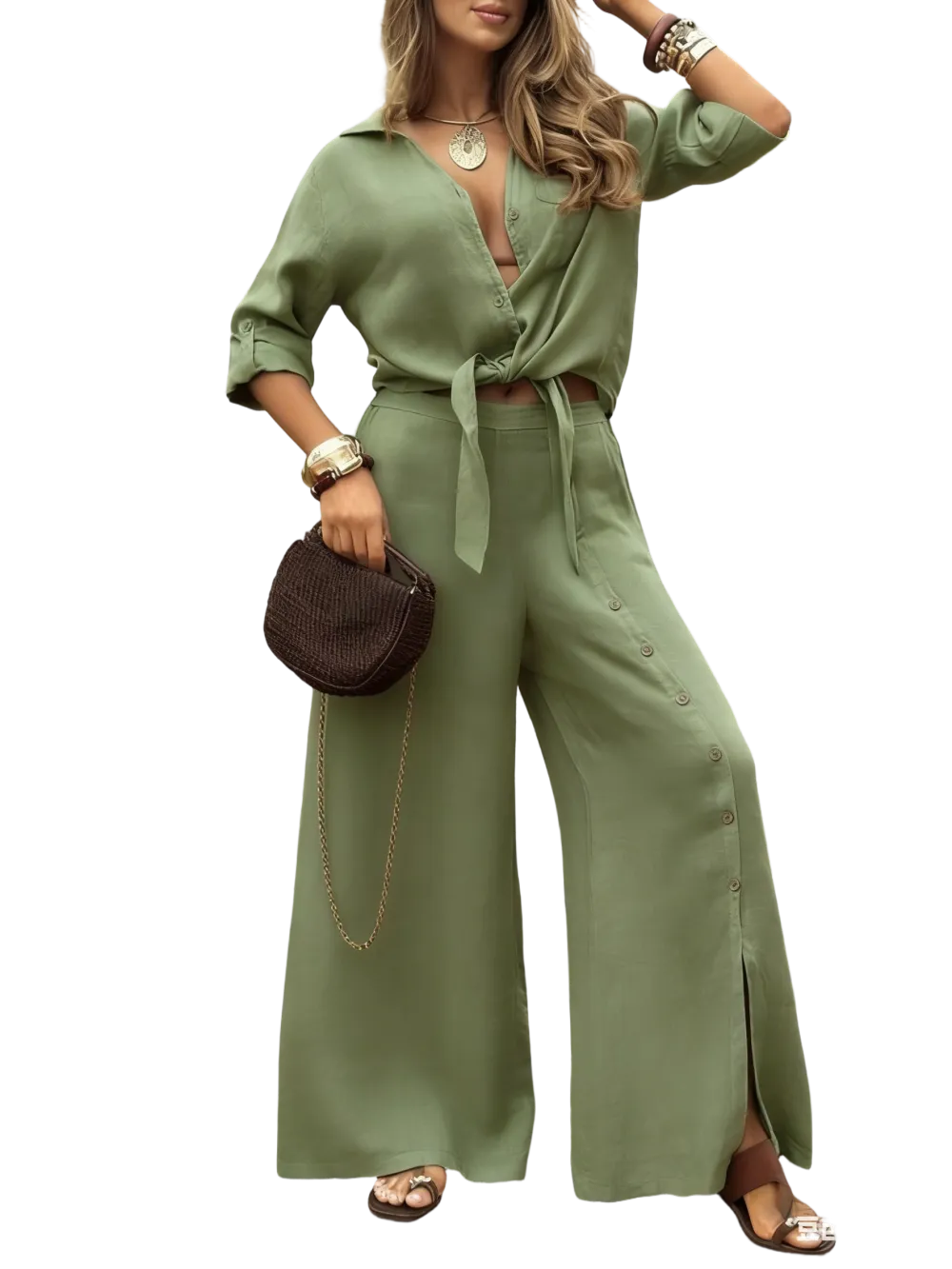 🔥 Women's Loose-Fit Long Sleeve Shirt & Wide Leg Pants Set