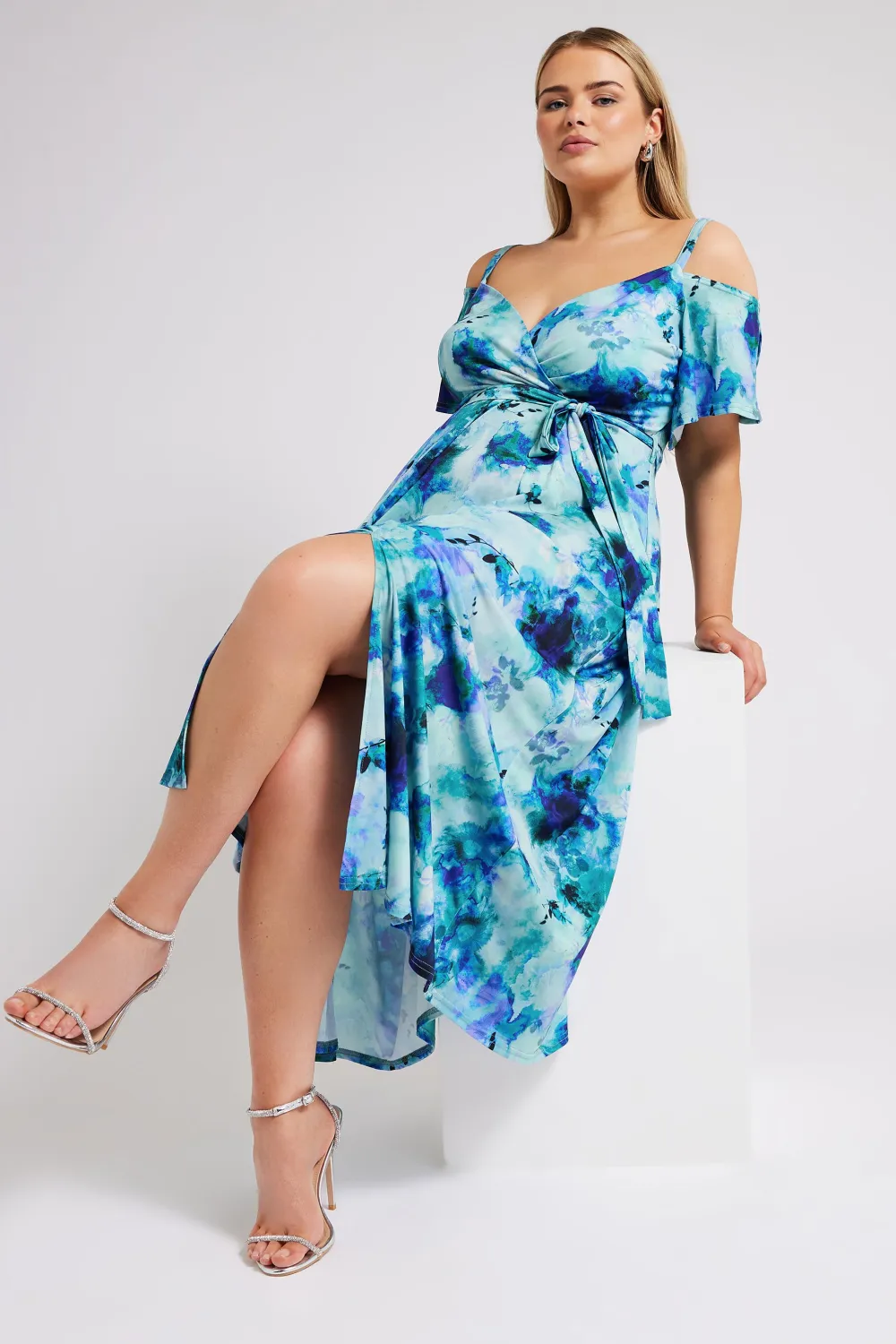 YOURS LONDON Curve Red & Blue Floral Bardot Maxi Dress