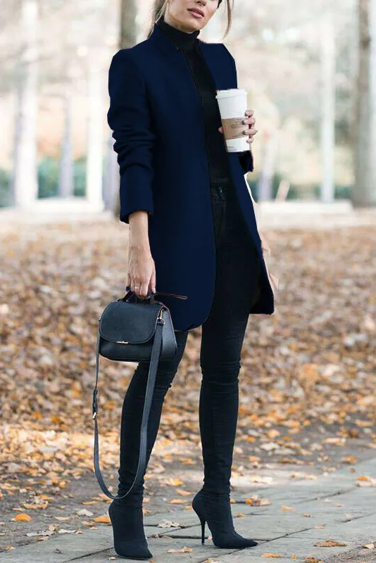 Solid standing collar slim long faux woolen coat