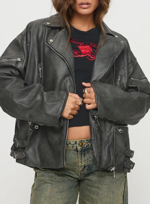 Washed Look Oversized Faux Leather Jacket