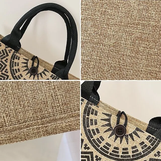 Women's Handbag Tote Linen Shopping Daily Buckle Large Capacity Foldable Lightweight Solid Color Folk khaki