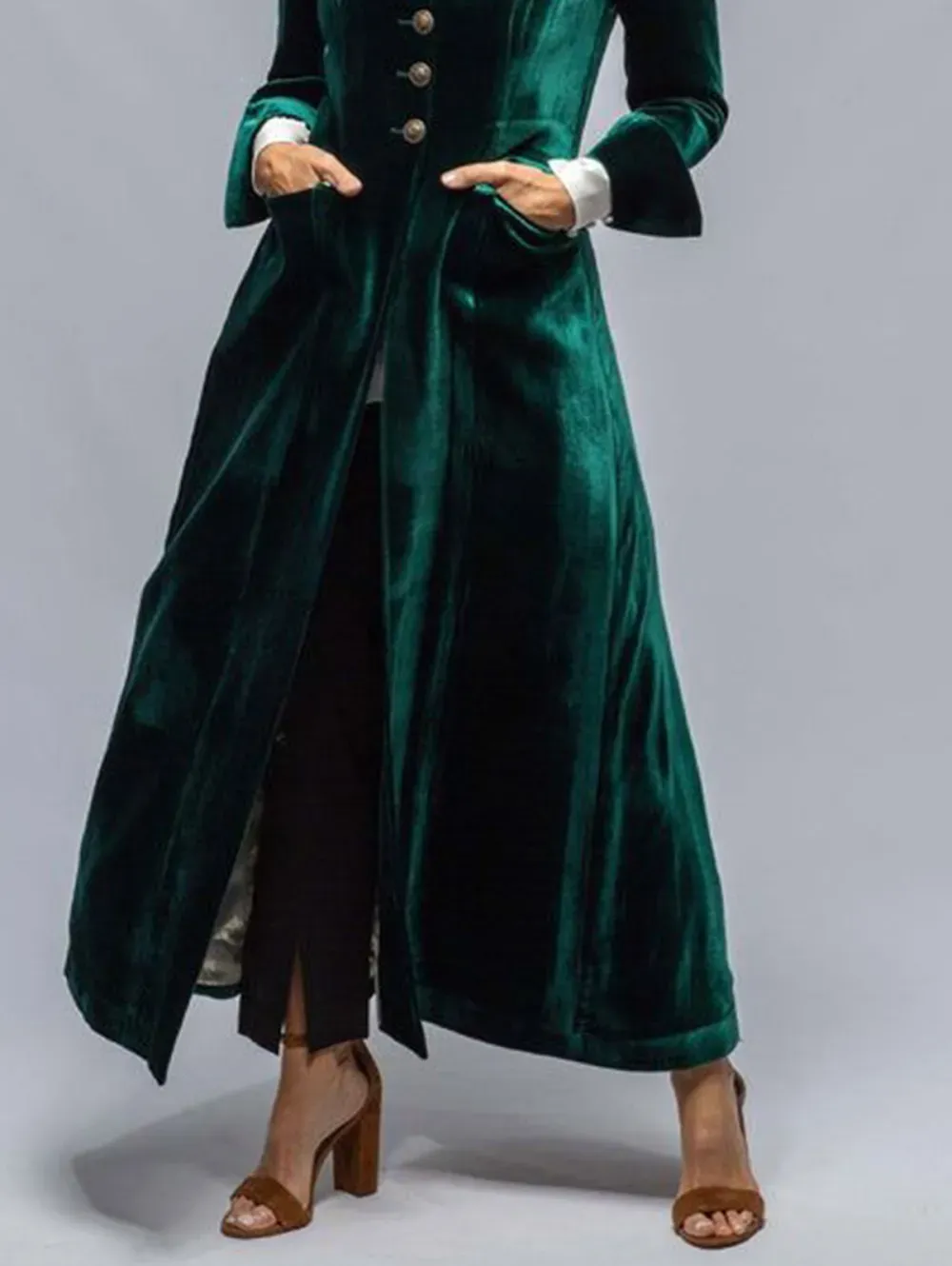 Velvet Lapel Collar Tunic Single Breasted Ankle Length Coat