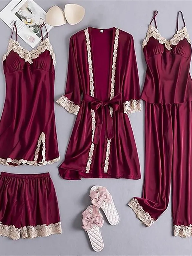 Women's Pajamas Robes Gown Nightgown Pajama Top and Pant 5 Pieces Pure Color Fashion Casual Soft Home Daily Bed Polyester Breathable Straps Long Sleeve Summer Fall Black Pink