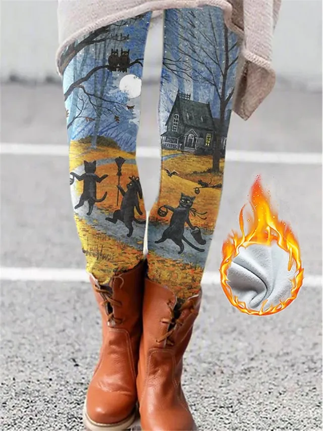 Women's Fleece Lined Leggings Warm Full Length Winter Leggings Print High Elasticity Medium Waist Fashion Tights Halloween Picture color 21 Picture color 34 S M Winter