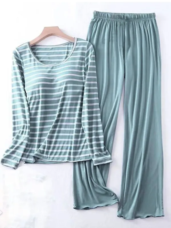 Women's Loungewear Sets 2 Pieces Stripe Fashion Casual Comfort Street Daily Date Polyester Breathable Crew Neck Long Sleeve Pant Summer Spring Black Pink