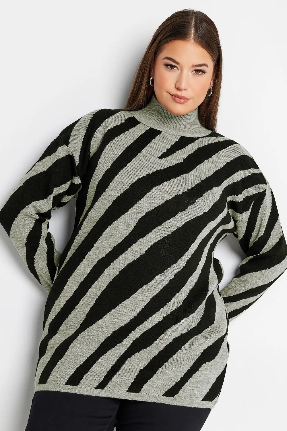 YOURS Curve Grey Zebra Print Turtle Neck Jumper