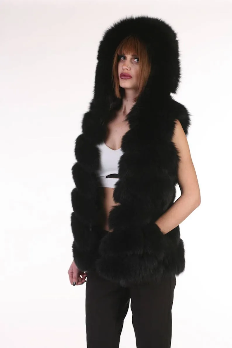 Black  Fox Fur vest hooded Women’s