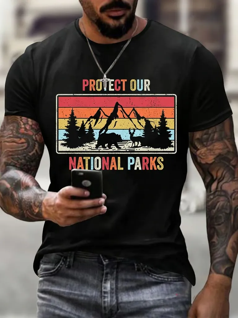 Men'S T-Shirt Cotton Men'S Vintage Preserve Our National Park Printed Casual Crew Collar T-Shirt