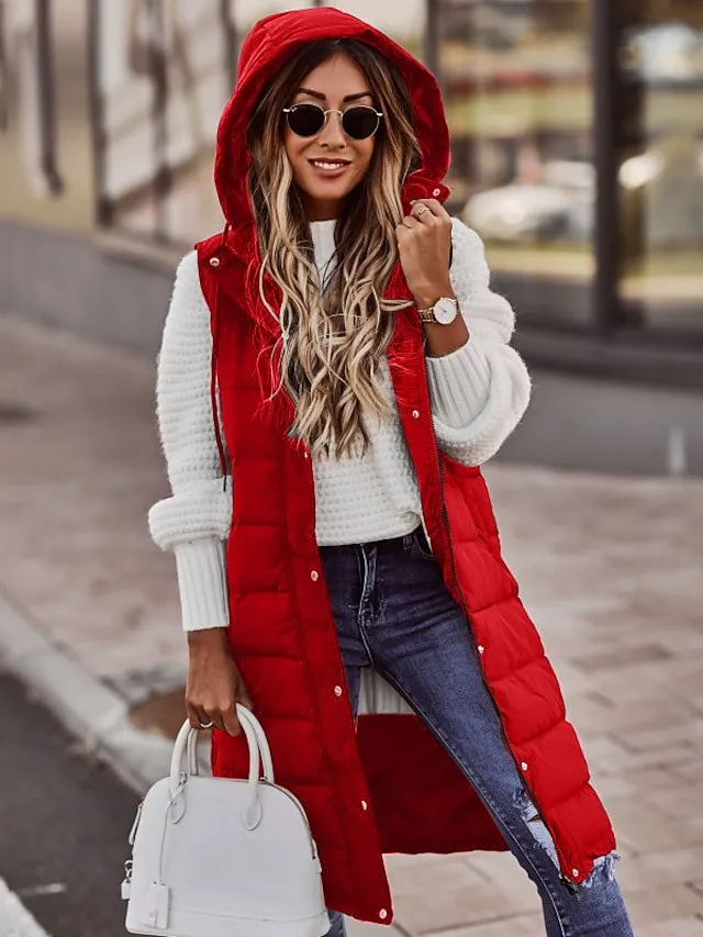 Women's Winter Jacket Long Puffer Vest Fall Maillard Outdoor Street Daily Winter Fall Long Coat Regular Fit Windproof Warm Casual Jacket Sleeveless Solid Color Khaki Red White