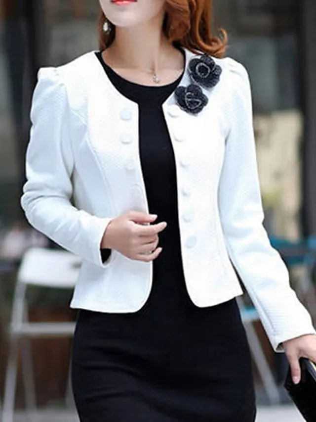 Women's Blazer Fall Short Bow Coat White Black Pink Fuchsia Elegant Street Spring Open Front Round Neck Regular Fit S M L XL XXL 3XL