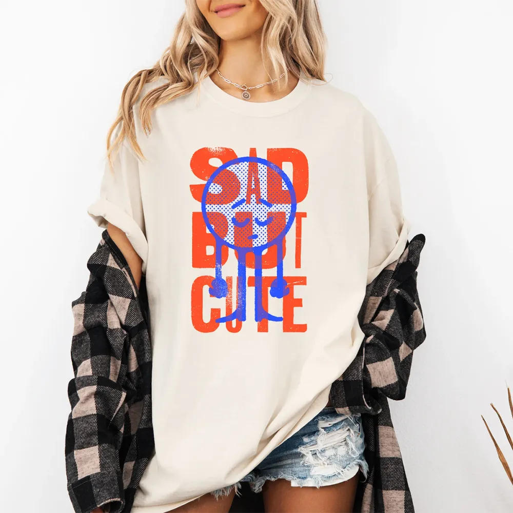 Sad But Cute Mental Health Smiley Positivity Funny Sarcastic Printed Round Neck Short Sleeve T-Shirt