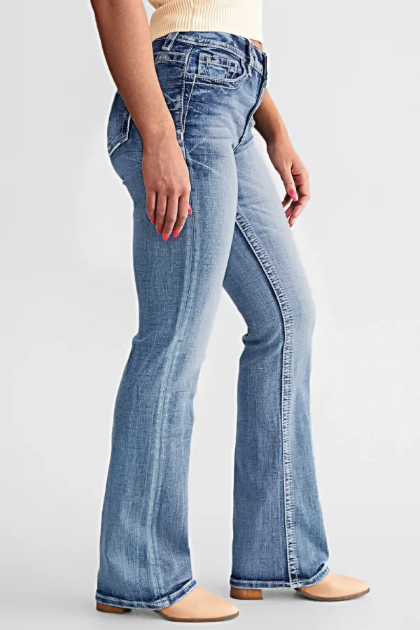 Pocket Detail Mid Rise Straight Leg Jeans