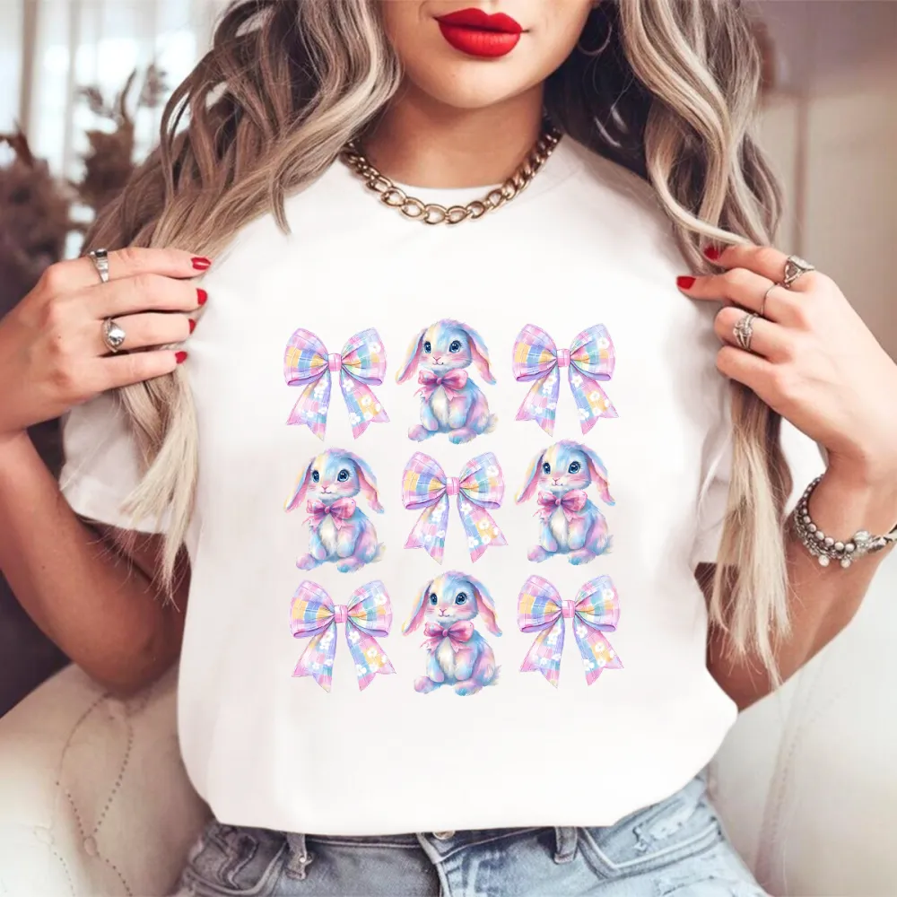 Easter Pink Plaid Bow Bunny Printed Round Neck Short Sleeve T-Shirt