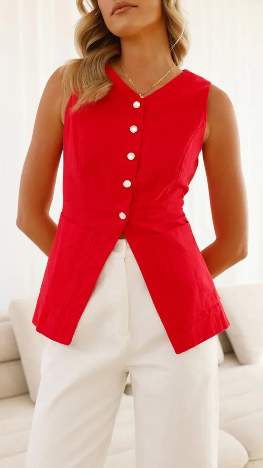 Bright Red Button-Down Top