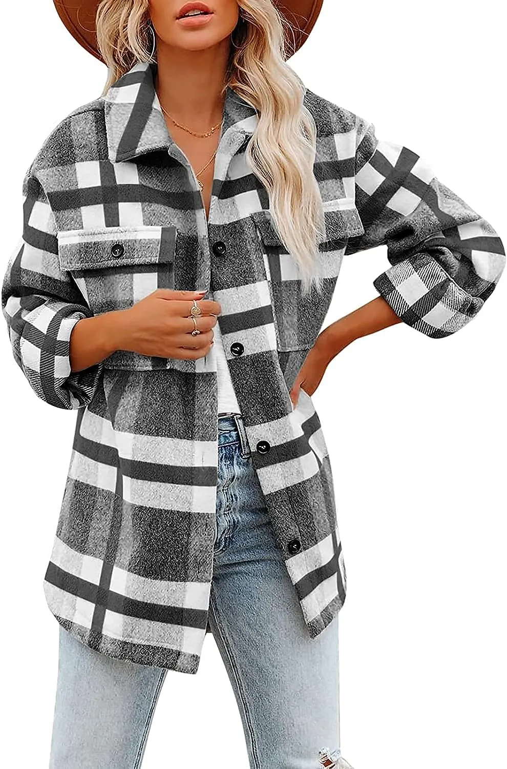 Women's Flannel Plaid Shacket Long Sleeve Button Down Chest Pocketed Shirts Jacket Coats