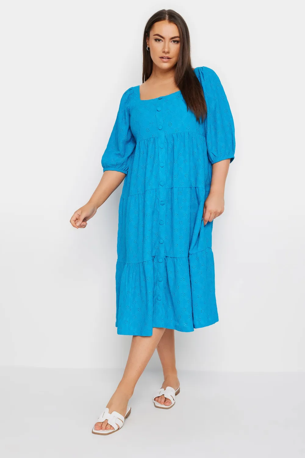 YOURS Curve Blue Broderie Anglaise Button Front Dress