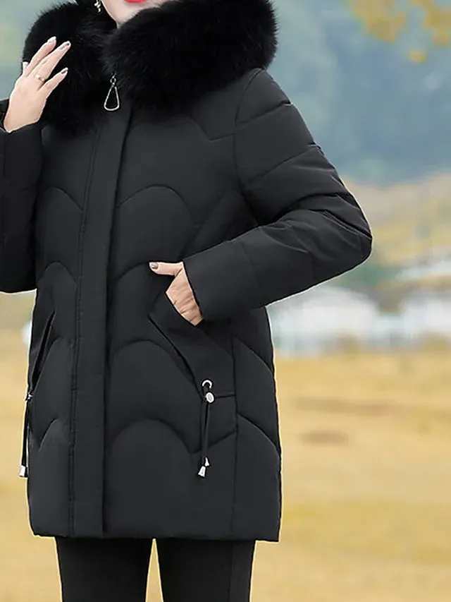 Women's Parka Warm Winter Coat Zipper Puffer Jacket with Removable Fur Collar Zipper Hoodie Heated Jacket Fashion Modern Casual Street Style Outerwear Long Sleeve Fall