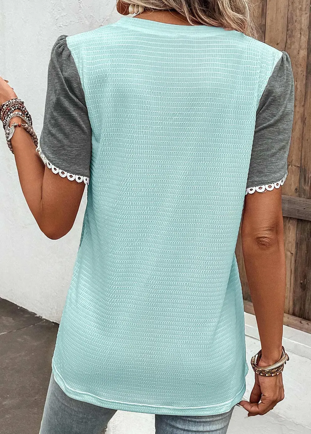 Light Blue Patchwork Short Sleeve T Shirt