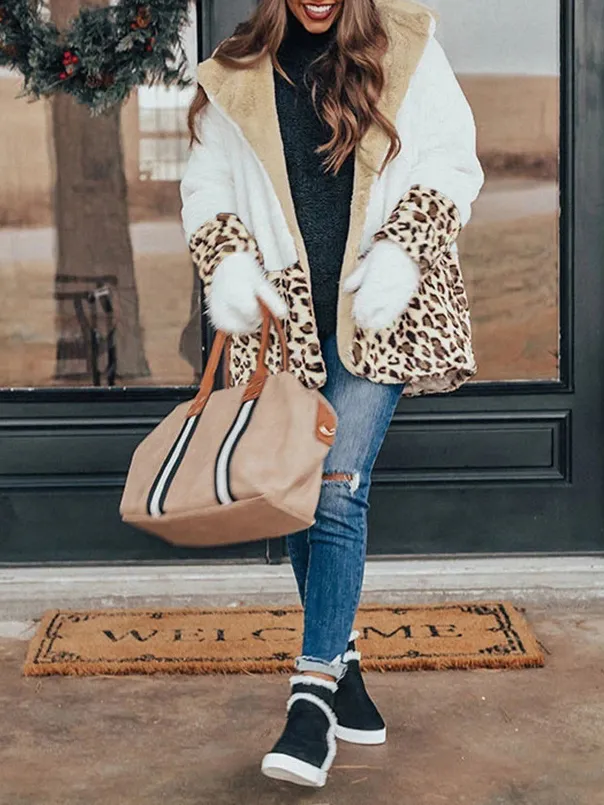 Casual Leopard-Painted Lapel Plush Thermal Long-Sleeve Coat