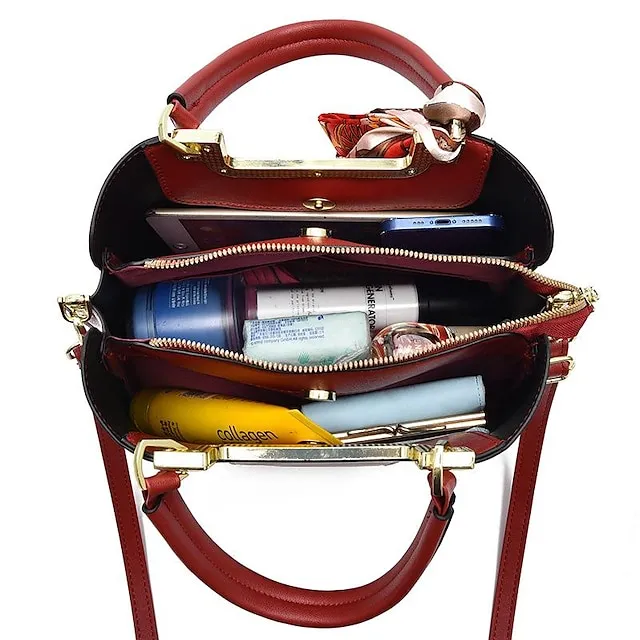 Women's Handbag PU Leather Shopping Daily Solid Color Black (khaki silk scarf) Wine red (red silk scarf) White (green silk scarf)