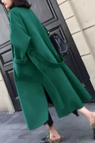 Front Pockets Lapel Faux Woolen Coat