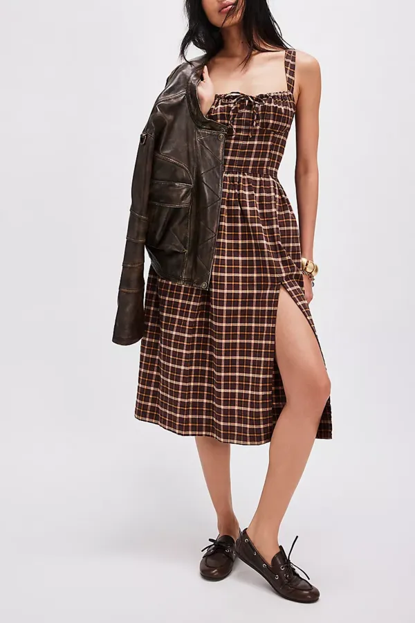 Square Neck Plaid Smocked Midi Dress
