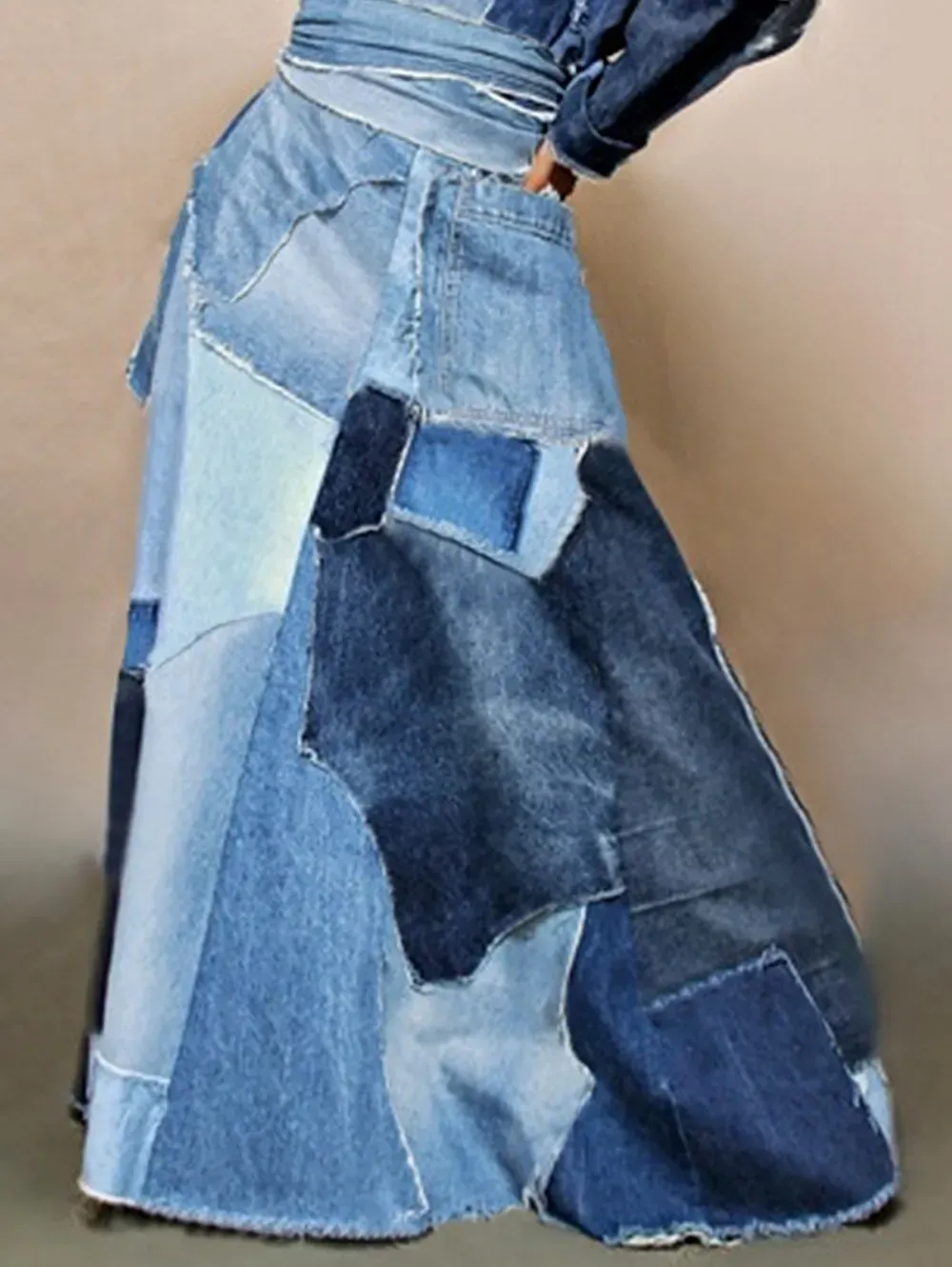 Elegant Colorblock Patchwork V Neck Raw Trim Maxi Dress