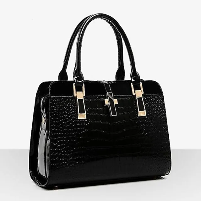 Women's Handbag Satchel Top Handle Bag Patent Leather PU Leather Office Office & Career Solid Color Crocodile Wine Black Blue