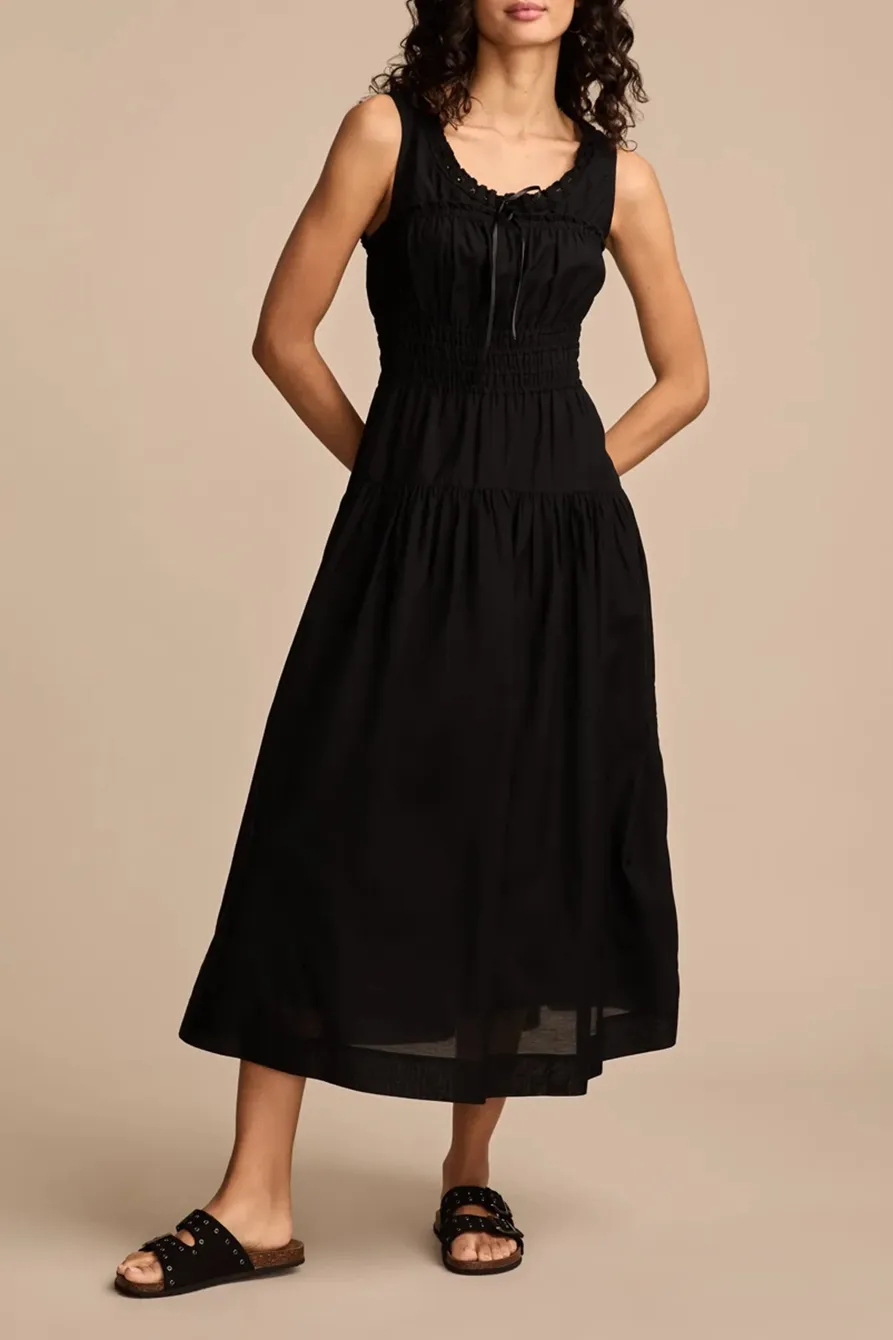 Poplin Lace Trimmed Smocked Midi Dress