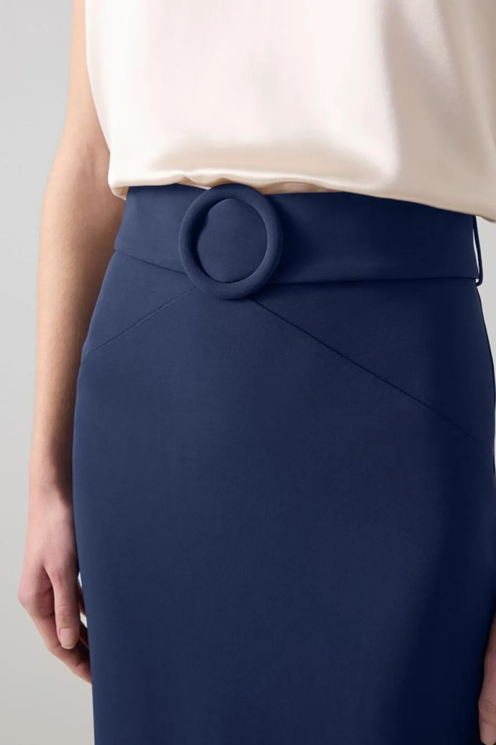 Navy Blue Belted Pencil Midi Skirt