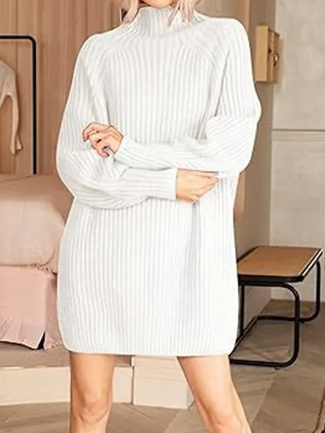 Women's Sweater Dress Jumper Dress Winter Dress Mini Dress Warm Fashion Casual Plain Outdoor Daily Vacation Going out Turtleneck Long Sleeve 2023 Loose Fit Black White Blue S M L XL