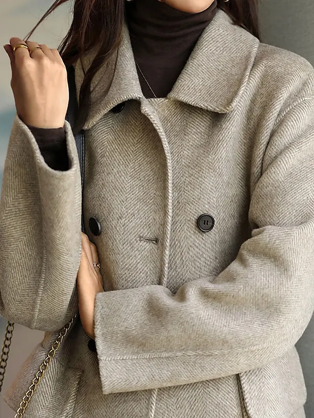 Women's Coat Fall Winter Long Pea Coat Windproof Wool Blend Coat with Pockets Maillard Warm Modern Style Casual Trendy Jacket Long Sleeve Plain Black Red Camel