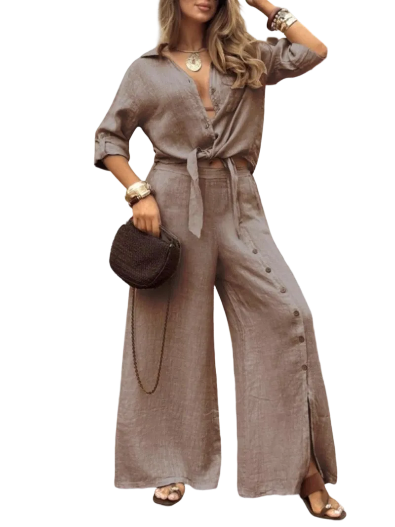 🔥 Women's Loose-Fit Long Sleeve Shirt & Wide Leg Pants Set