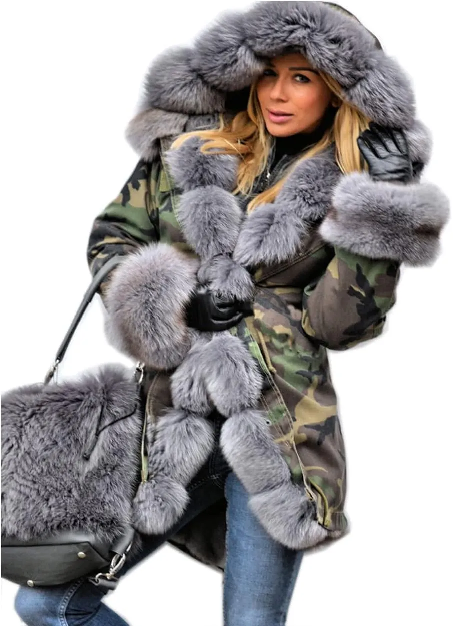 Womens Hooded Camouflage Warm Winter Coats Faux Fur Jacket Parka Overcoat