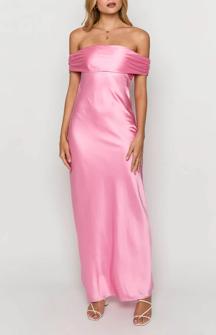 Off  Shoulder Pink Satin Maxi Dress