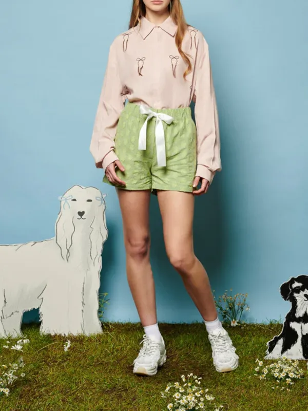 Casual Style Embroidered Bow Shirt