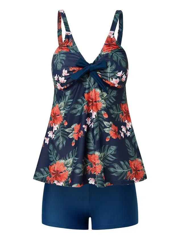 Vacation Floral Printing Scoop Neck Tankinis Two-Piece Set
